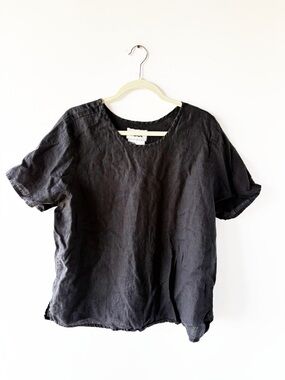 Flax Black Linen Short Sleeve Box Top Natural Material Slow Fashion Minimalist